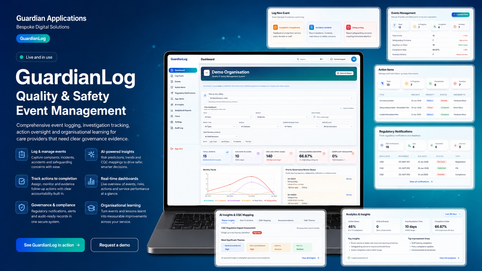 Branded GuardianLog quality and safety platform interface composition